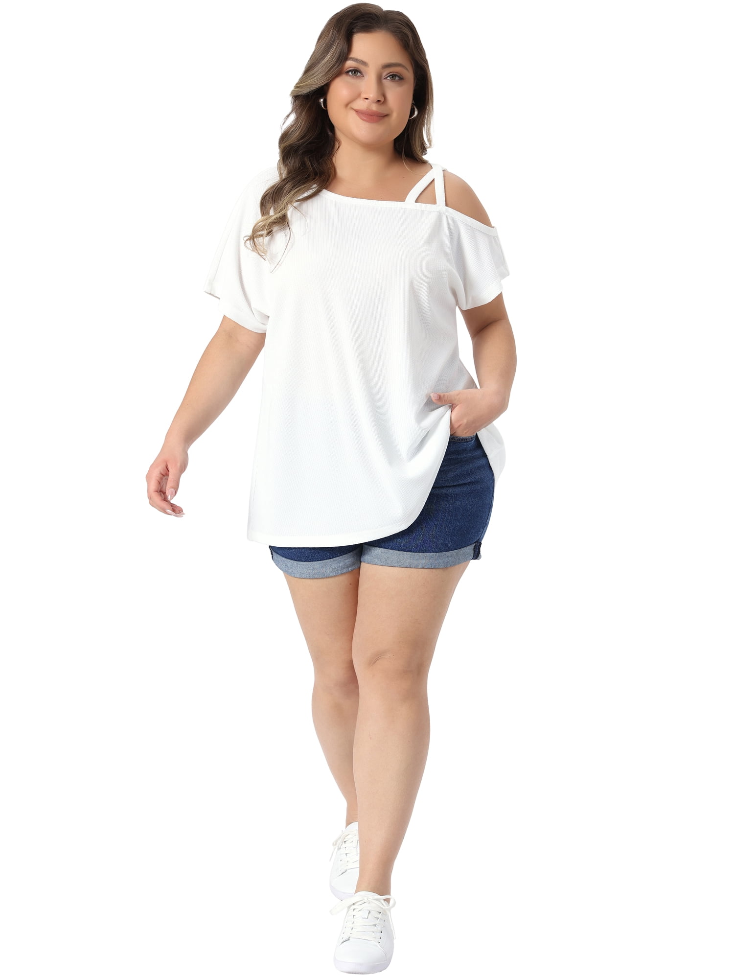 DARING DIVA Women's Plus Criss Cross Off One Shoulder T-Shirts 1X White