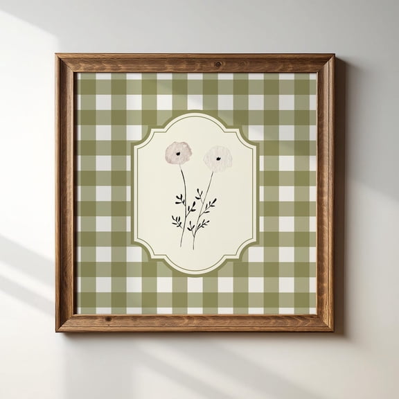 White Floral Square Green Gingham Illustration Print, Art Print, Trendy Decor, Vintage Nursery Wall Art, Modern Wall Decor, 16x16 UNFRAMED