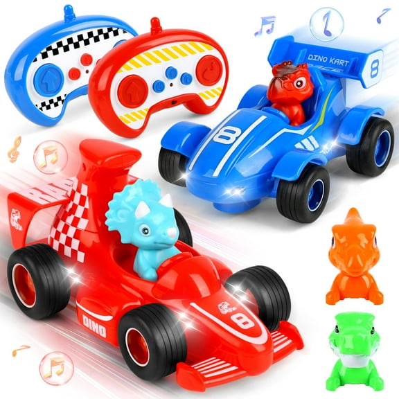 Beefunni 2 Pack Remote Control Car for Kids, Dinosaur Toy RC Car with Light & Music , Birthday Gift for 3 4 5 6   Years Old Boys Girls Toddlers(Red & Blue)