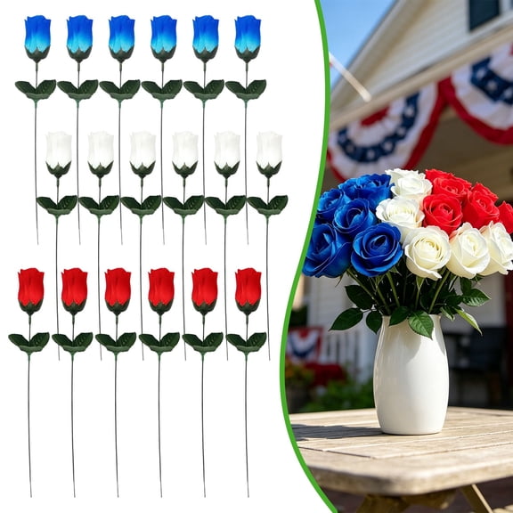 18 Pcs Patriotic Wooden Rose Flowers, Red White Blue Artificial Roses for Independence Day Veterans Day Home Table Centerpiece Holiday Decorations