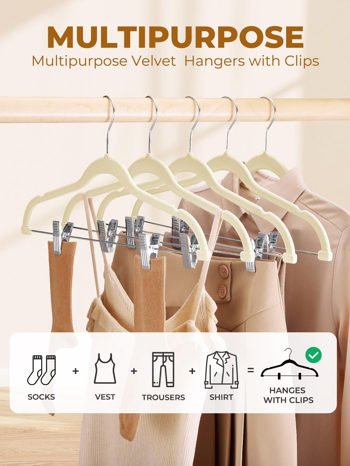 Cozymood Velvet Pants Hangers 24 Pack, Velvet Hangers with Adjustable Clips Non-Slip for Skirts Coats Dresses Beige