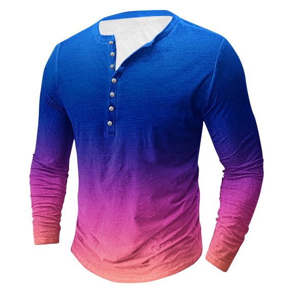 Mens Big & Tall T Shirts Plus Size S-5X Long Sleeve Button Crewneck Tees Tops Pullover Gradient Printed Slim Going-Out Athletic Workout Tshirts Shirt
