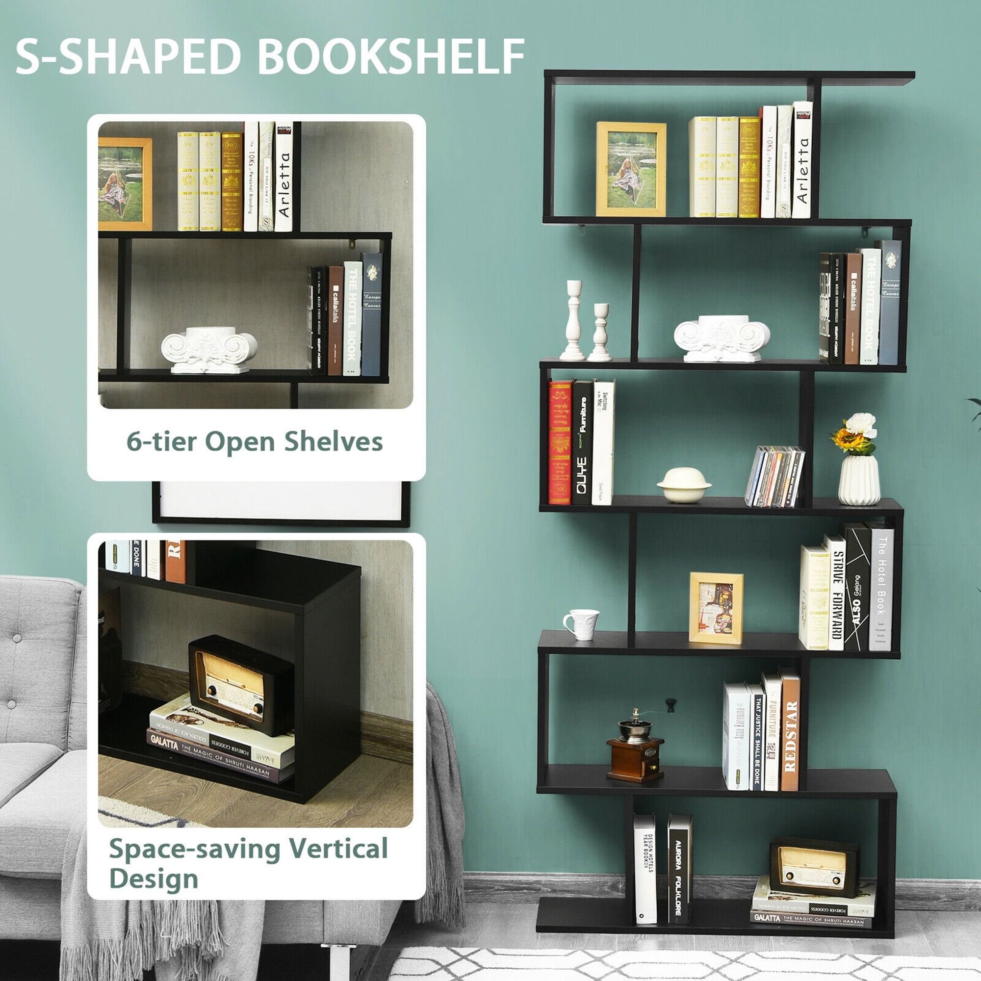 Gymax S-Shaped 6 Tier Bookcase, Black