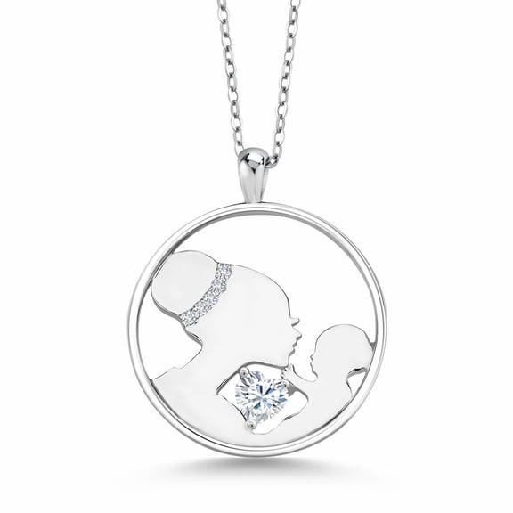 Gem Stone King Keren Hanan Mother`s Affection 925 Sterling Silver White Moissanite Pendant Necklace for Women (0.47 Cttw, with 18 inch Silver Chain)