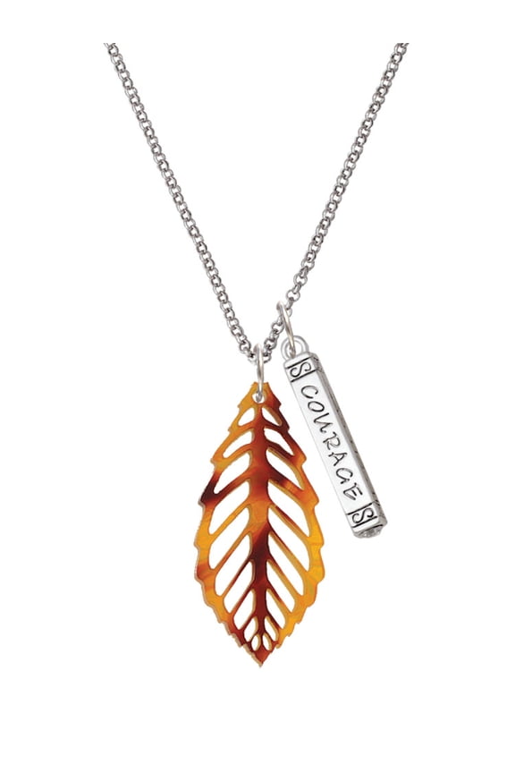Acrylic Large Leaf Orange Brown Silvertone Courage Strength Wisdom Honesty Bar Charm Necklace, 23"