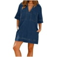 thumbnail image 1 of Vestido de verano de manga corta y cuello en V para mujer - Color liso, estilo boho, cintura con cordón, 1 of 7