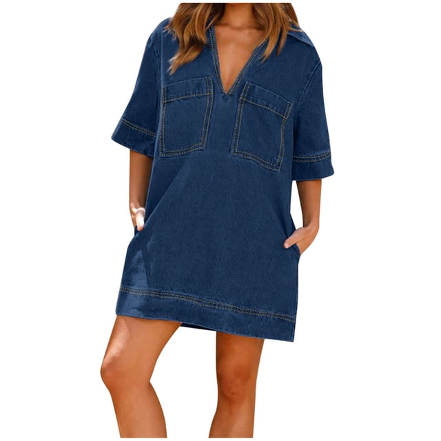 Vestido de verano de manga corta y cuello en V para mujer - Color liso, estilo boho, cintura con cordón