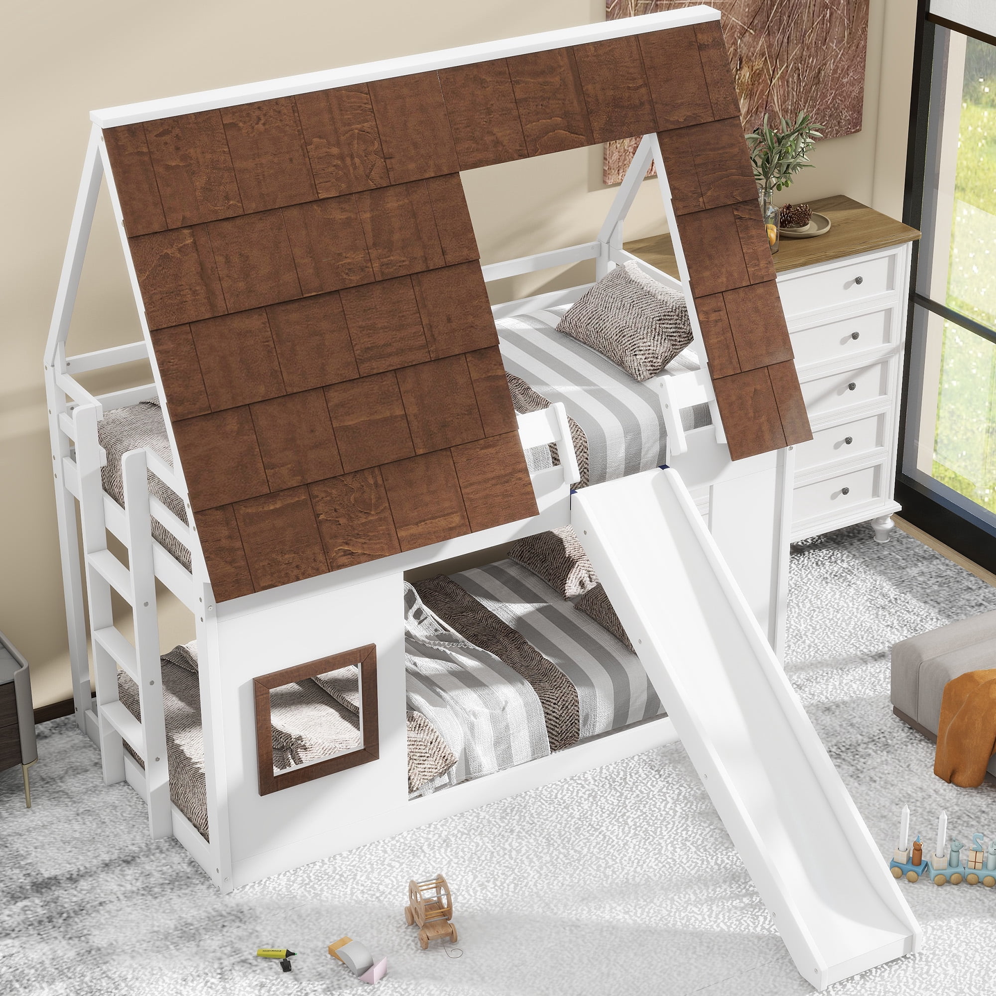 Euroco Pine Wood Bunk Bed, Twin for Kids Teens Bedroom, White