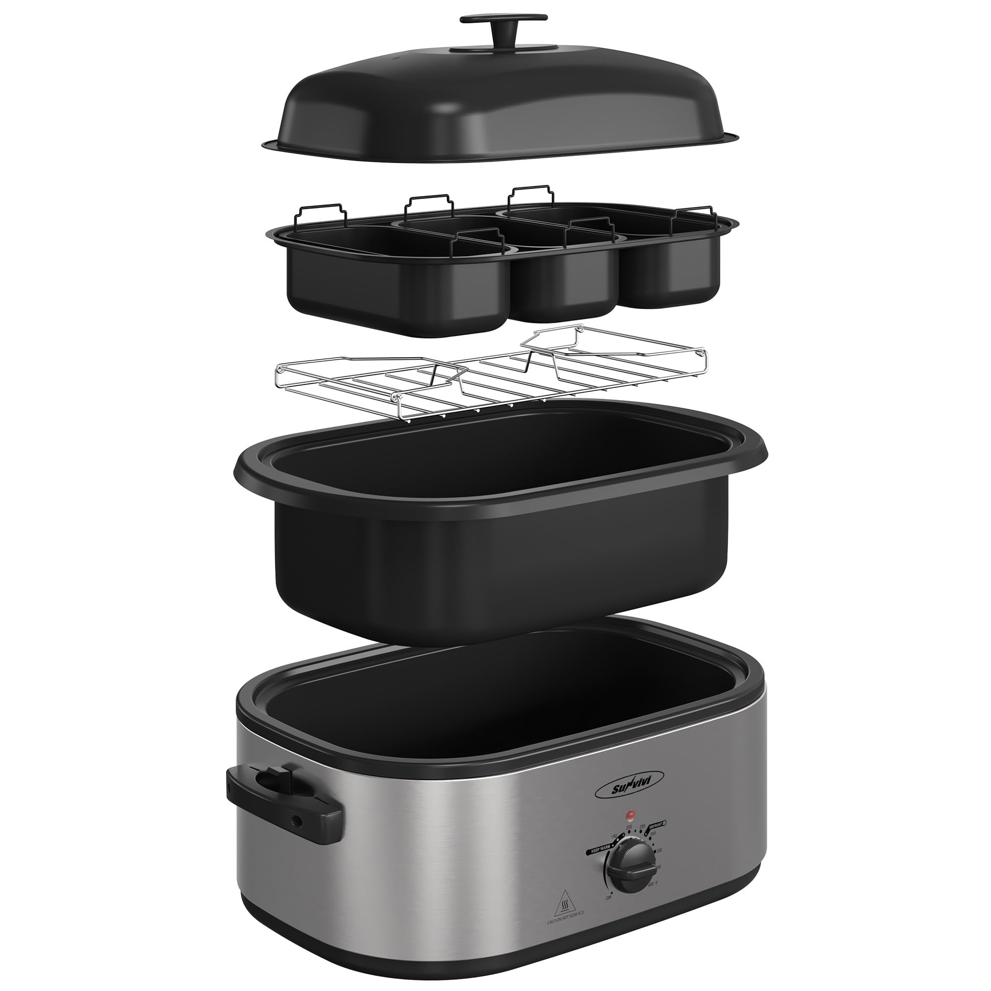 Superjoe Electric Roaster Oven, 20 QT Roaster with 3 Compartments and Self-Basting Lid, Turkey Roaster Oven with 150-450Â°F Full-Range Temperature Control, Removable Pan & Rack Steel, Silver