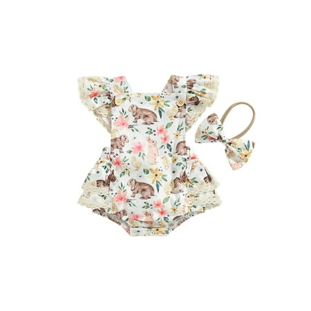 

Easter Day Outfit for Baby Girl Boy Romper Ruffled Lace Fly Sleeve Rabbit Jumpsuit Easter Bunny Onesie