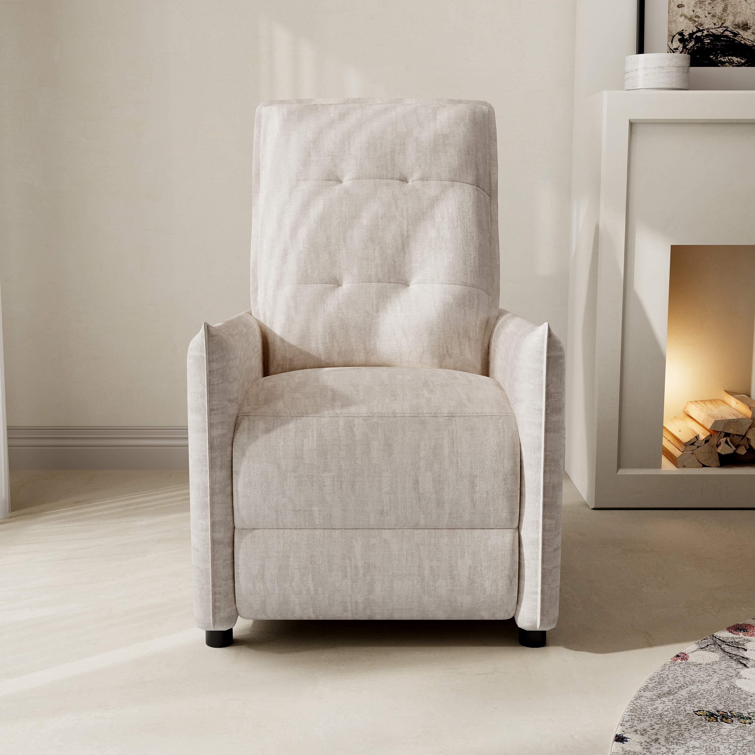 Chenille Fabric Recliner Chair with Manual Push Back Recline, Overstuffed High-Density Foam & Metal Frame, Adjustable Footrest for Living Room, Beige