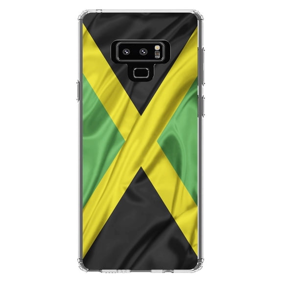 DistinctInk Clear Shockproof Hybrid Case for Samsung Galaxy Note 9 - TPU Bumper, Acrylic Back, Tempered Glass Screen Protector - Jamaica Waving Flag Black Green Yellow - Jamaica
