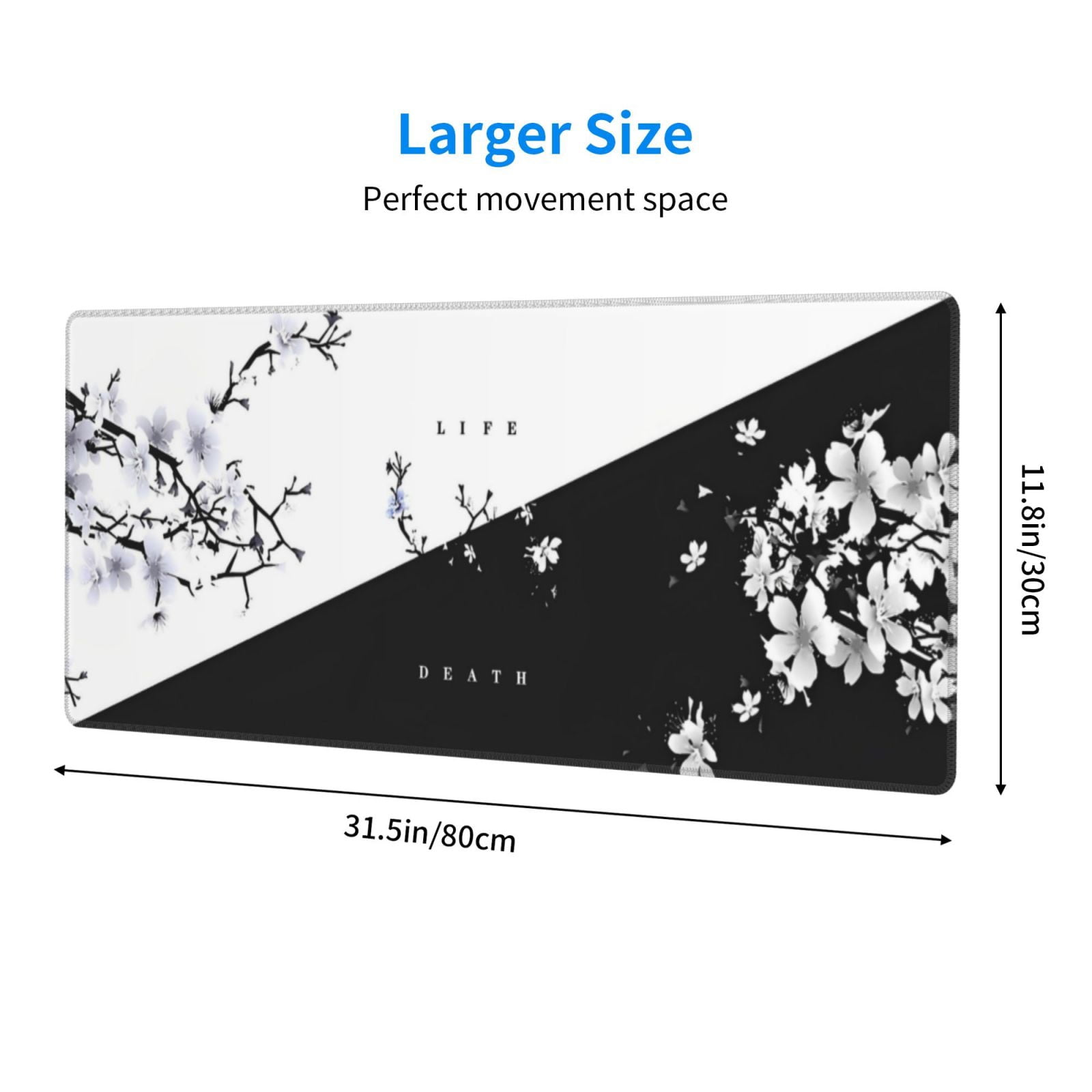 Black White Cherry Blossoms Mouse Pad Japanese Sakura Desk Mat 80X30cm Non-Slip Rubber Base Stitched Edge Large Play Mat For Keyboard Gaming Laptop Desktop,31.5×11.8 Inch