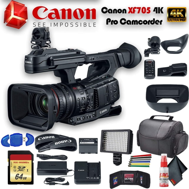 Videoc?mara Canon XF705 4K 1" Sensor XF-HEVC H.265 Pro (3041C002) con estuche acolchado, luz LED, tarjeta de memoria de 64 GB y m?s paquete base Canon 3041C002