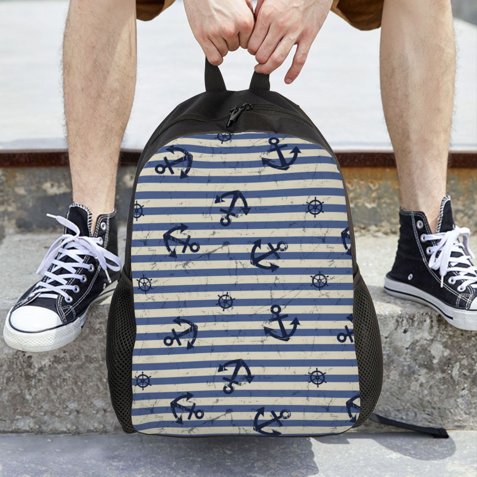 Xecao Anchors And Steering Wheel Print School Backpack with Laptop Compartment Small Travel Laptop Backpack for Women Men Waterproof College Backpack Simple School Bag