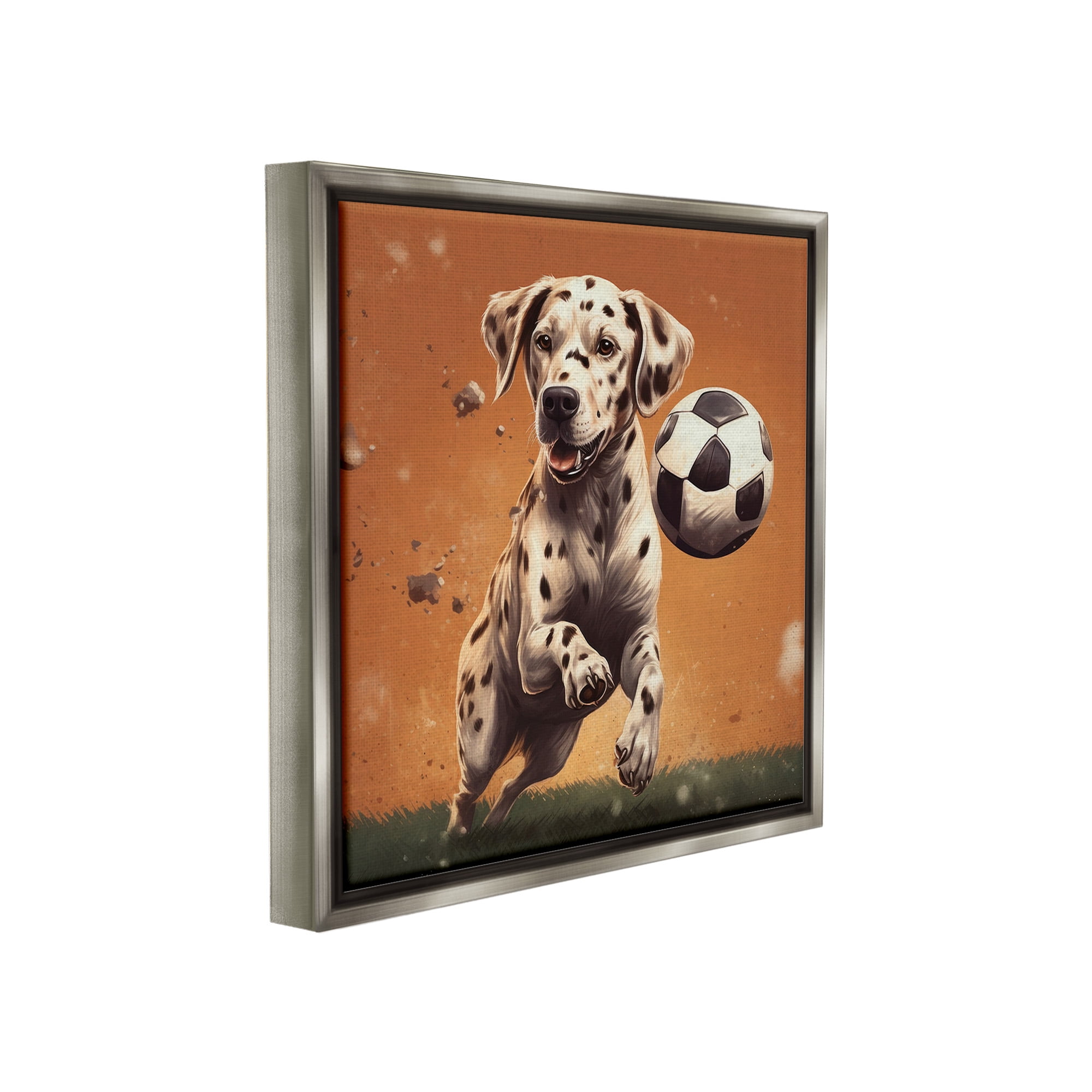 Stupell Industries Dog Playing Soccer Animals & Insects Painting Gray Floater Framed Canvas Art Print Wall Art, 25 x 25
