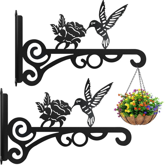 10 Inch Metal Plant Hangers Outdoor Indoor, Decorative Hanging Brackets with Hummingbird Design, Heavy Duty Hooks for Plants Bird Feeder Wind Chime Lantern, Black