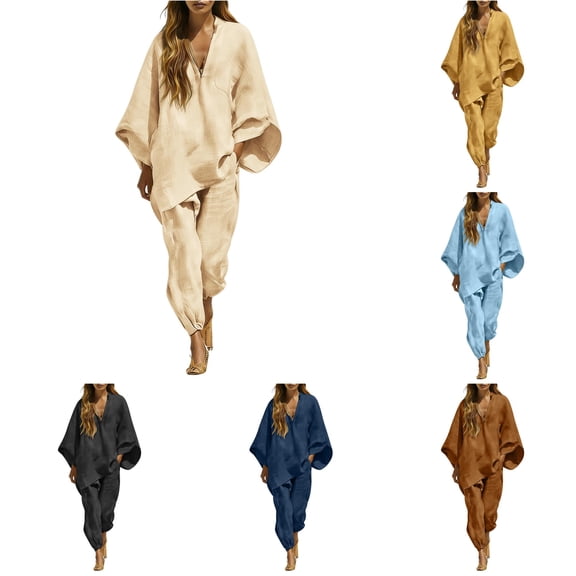 SONXAHE V Neck Batwing Sleeve Two Piece Set for Women Tapered Ankle Casual Travel Matching Pant Suit