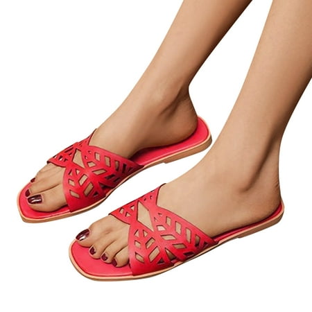 

HIBRO Sandals For Women Ladies Fashion Solid Flat Carved Slippers Sandals Casual Shoes