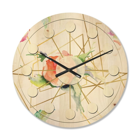 Designart 'Orange Rose Flower Retro Pattern on White' Mid-Century Modern Wood Wall Clock