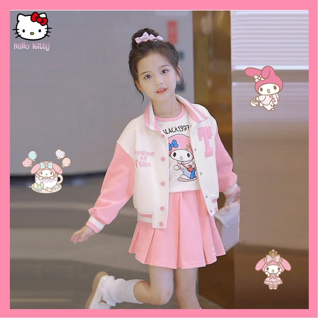 3Pcs Sanrioed Anime Melody Kids Girls Jk Princess Clothes Sets Y2K Korean Style Autumn Cartoon Jacket Coat+Skirt Pants Student