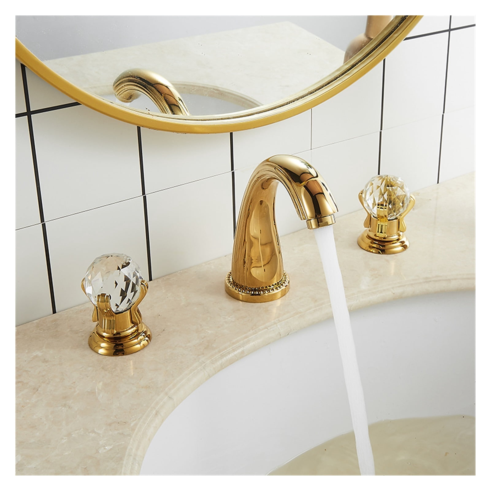 Basin Faucet Gold Bathroom Sink Faucet 3 Hole Widespread Basin Mixer Hot And Cold Brass amd Crystal Water Tap New ,Easy to Use