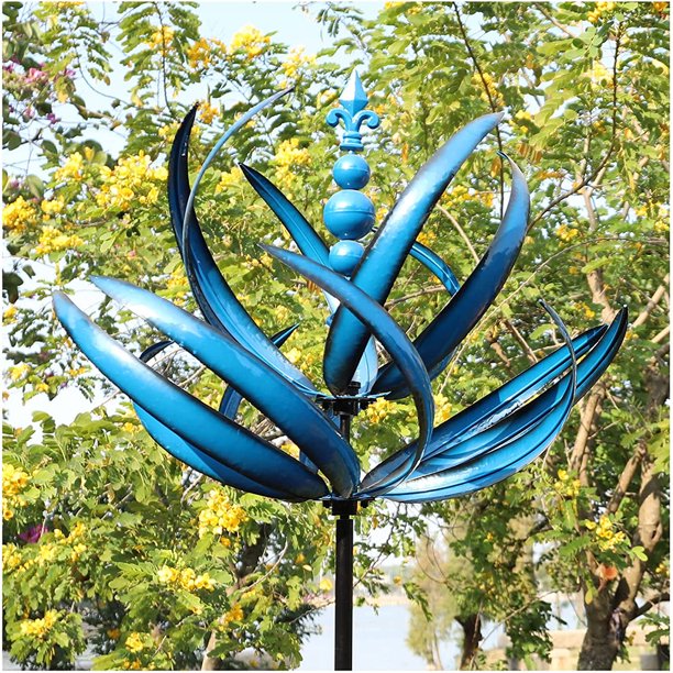 Cyan Oasis Blue Lotus Wind Spinner for Yard Garden, Height 91 in