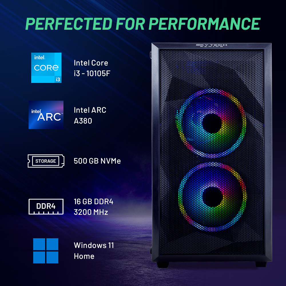 Skytech Chronos Mini Gaming PC Desktop, Intel i3 10105F, Arc A380, 500GB SSD, 16GB RAM, Windows 11