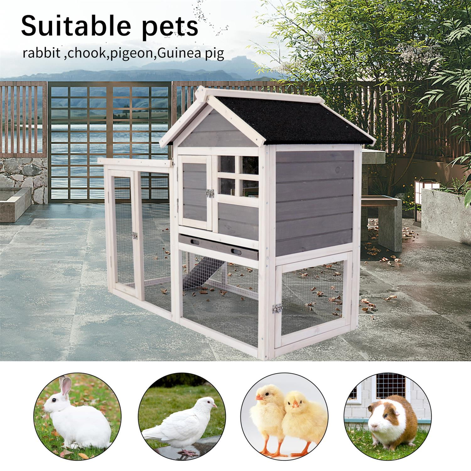 Pefilos 61" 2-Tier Rabbit Hutch Hen House for 2 Chicken Coop, Outdoor Bunny Cage for Backyard, Solid Wood Pet House, Gray Pefilos 61" 2-Tier Rabbit Hutch Hen House for 2 Chicken Coop, Outdoor Bunny Cage for Backyard, Solid Wood Pet House, Gray