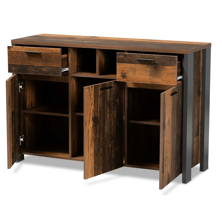 Baxton Studio Ranger Mid Century Modern Rustic Brown Finished Wood and Grey Metal 2 Door Sideboard Buffet