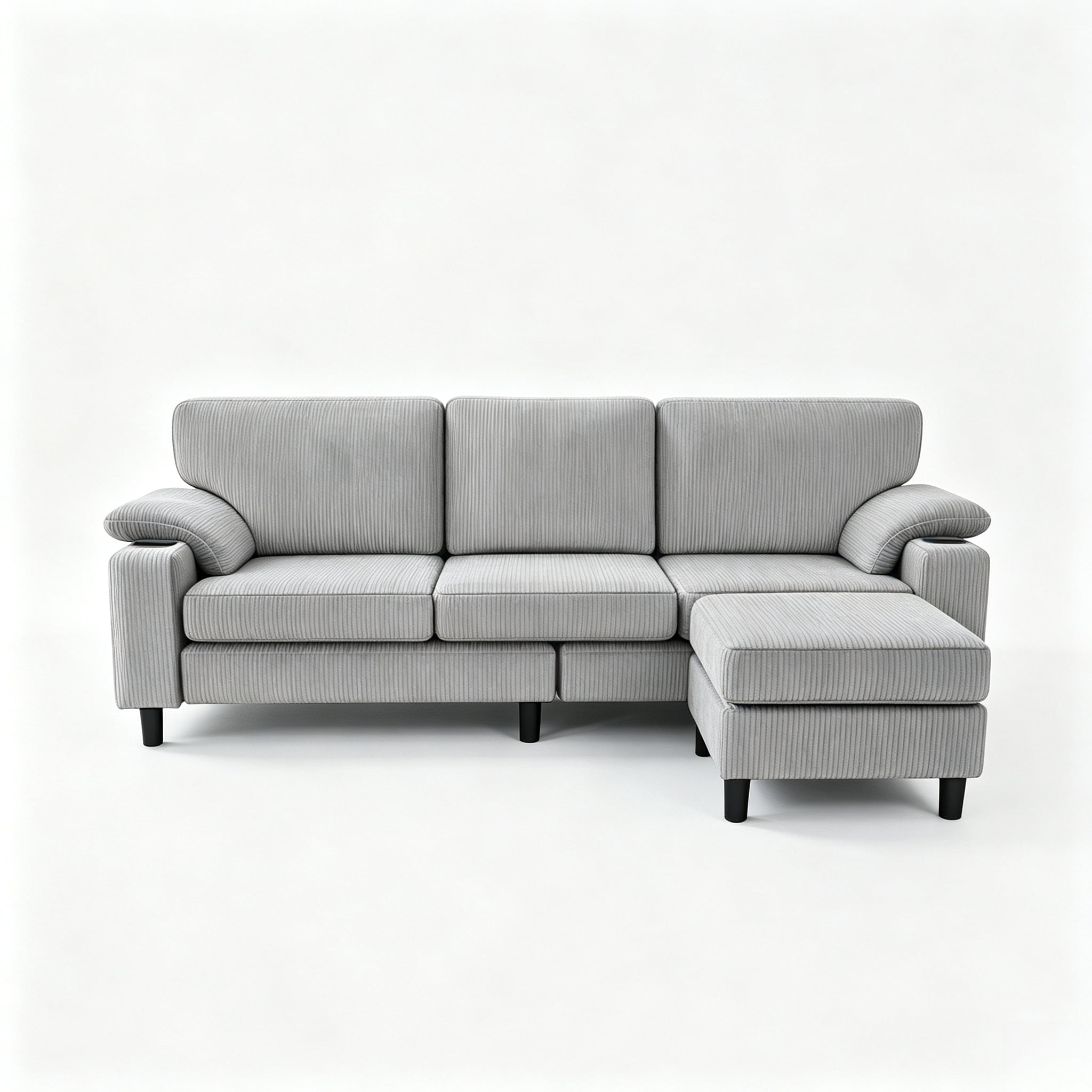 Anpport 80" L‑Shaped Corduroy Sectional Sofa, 3‑Seater Couch with Storage Ottoman, USB Port & Cup Holders for Small Spaces, Light Gray