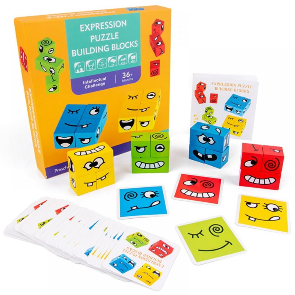 64 Cards With Bell FUFUFA Clap Bell and Have Fun Expression Blocks Wooden Puzzle Building Cubes Funny Faces