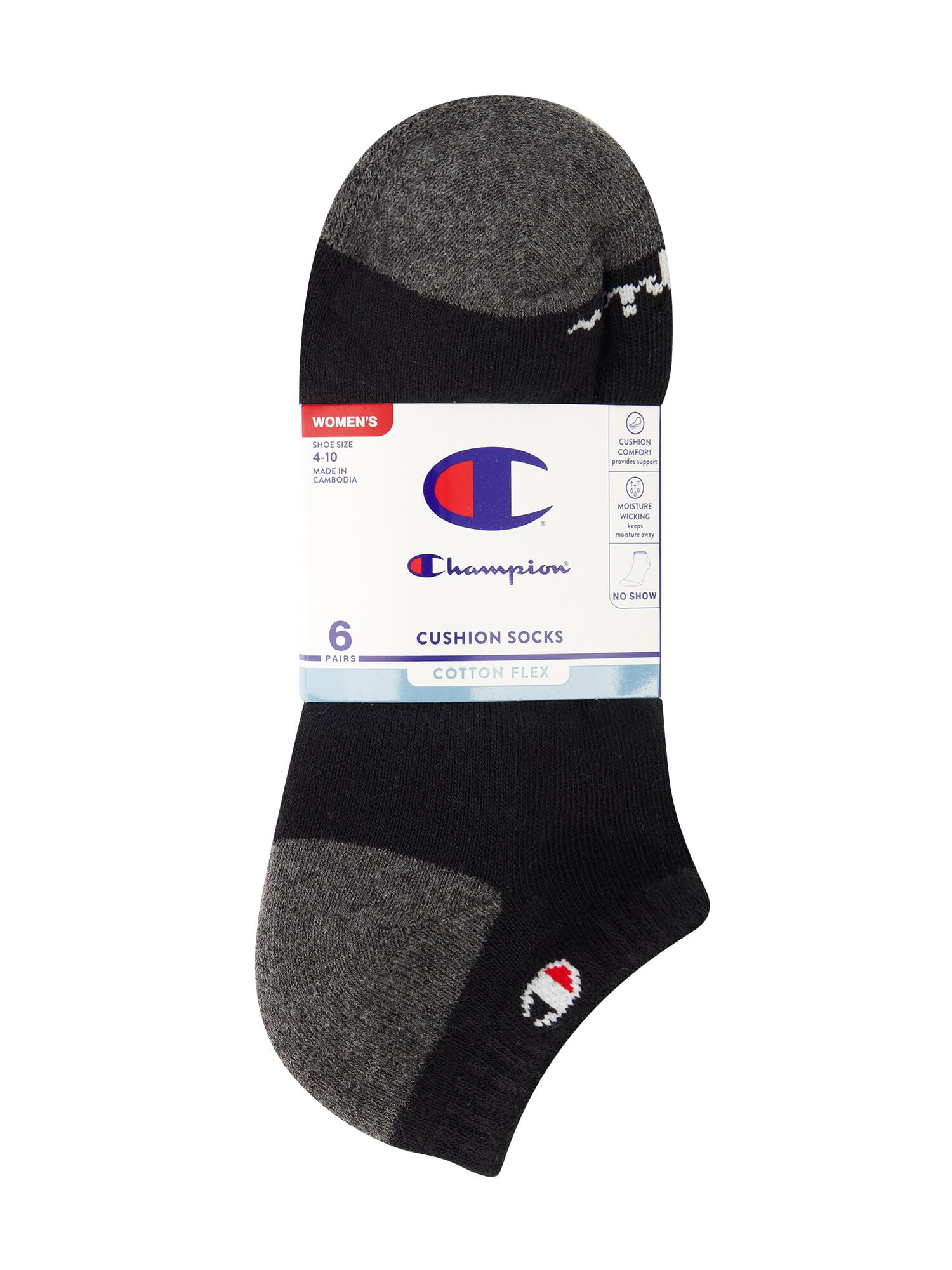 Champion Women’s Cotton Flex No Show Cushioned Socks, 6 Pack, Sizes 4-10