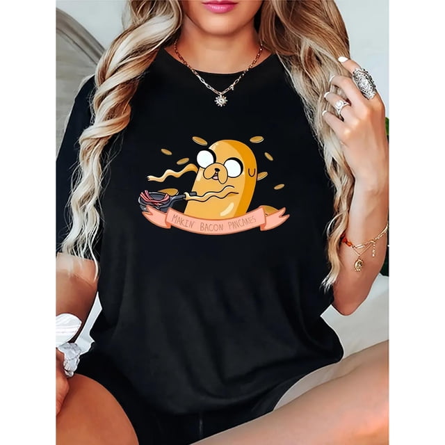 Camiseta informal con estampado de perro para mujer: cómoda camiseta de manga corta con cuello redondo, algodón elástico, lavable a máquina, perfecta para verano y tiempo libre.