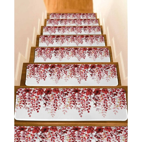 Red Eucalyptus Stair Treads for Wooden Steps Indoor Runner Rug Carpet, Gold Branches Vintage Flower Plant 4 Pieces Peel and Stick Staircase Step Treads Covers Washable Throw Door Mats, 30"x8"