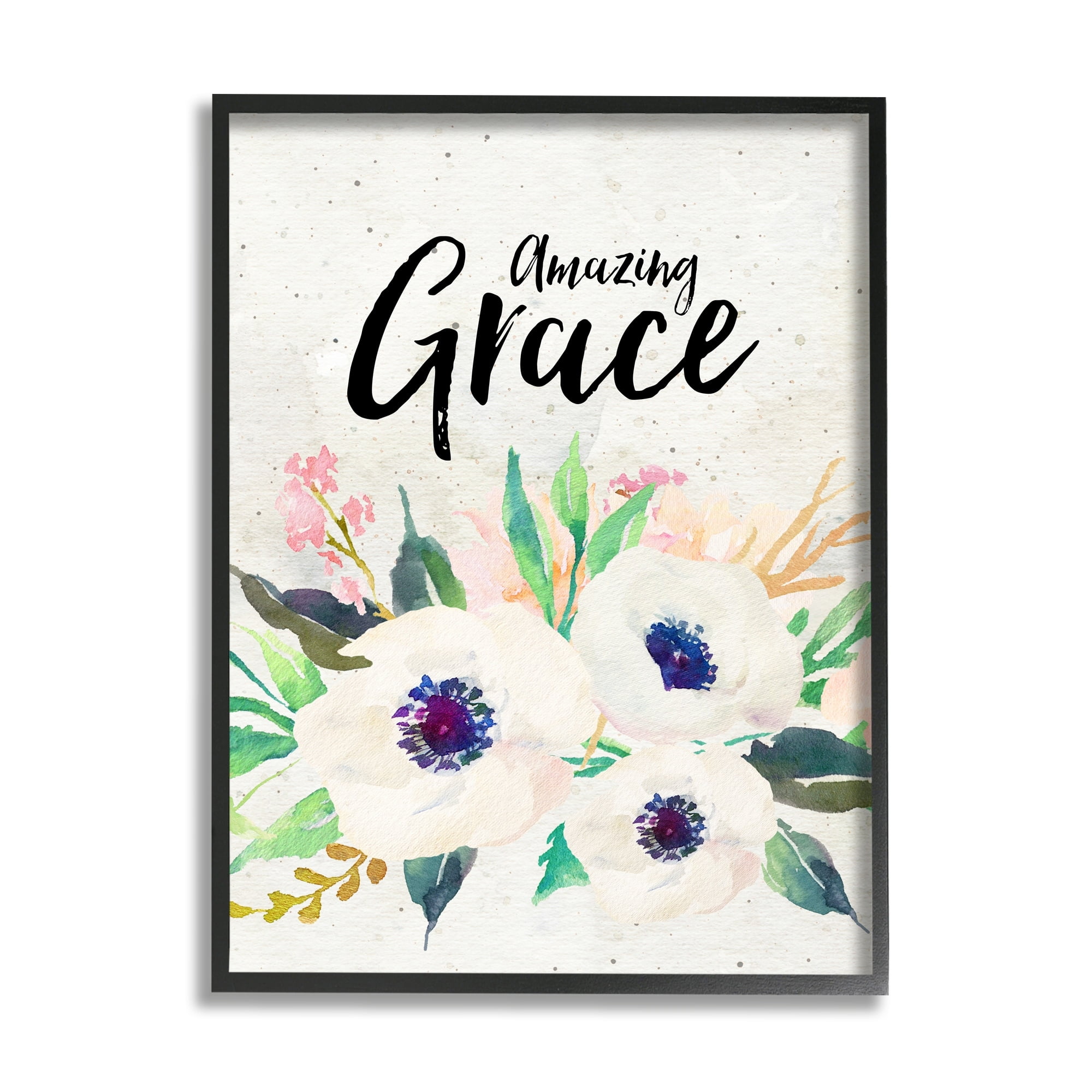 Stupell Industries Amazing Grace Calligraphy White Flower Blossom Botanicals Framed Wall Art, 24 x 30, Design by Amy Brinkman