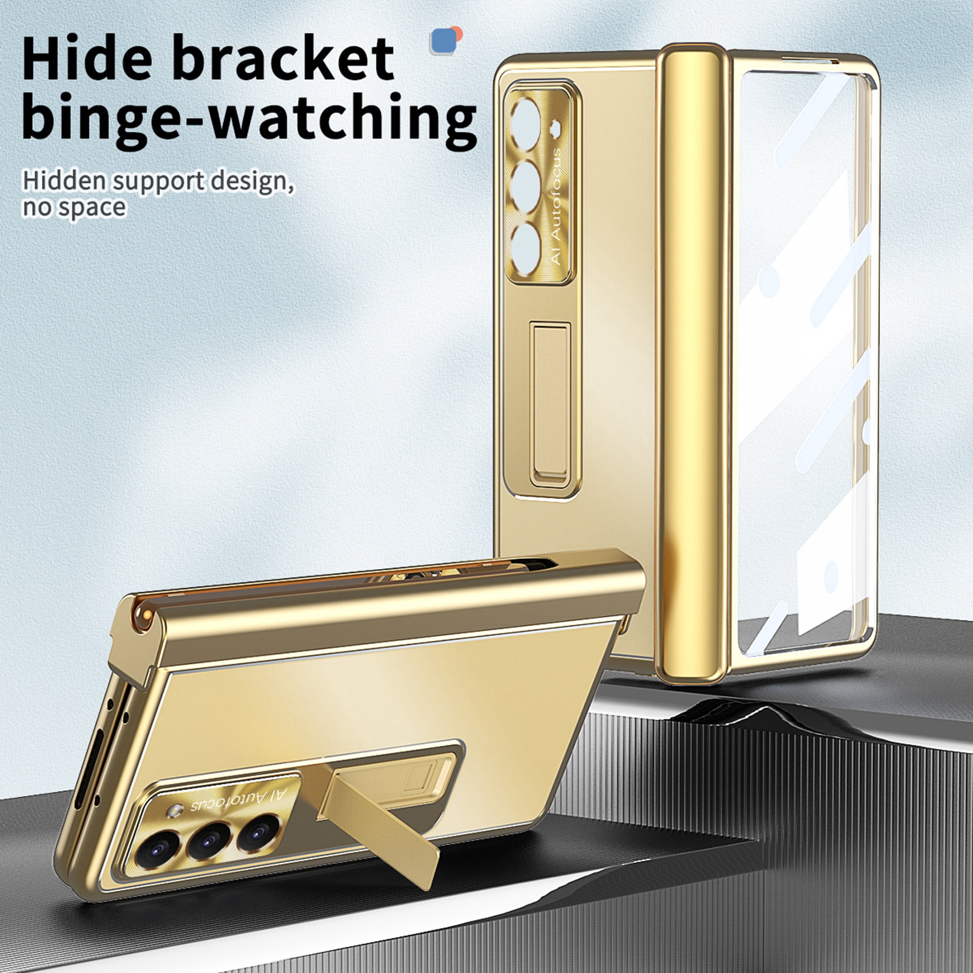 Nalacover for Samsung Galaxy Z Fold 6 Aluminum Metal Folding Case, S Pen Holder Hinge Protection Screen Film Cover with Hidden Bracket Plating Case for Samsung Galaxy Z Fold 6,Gold