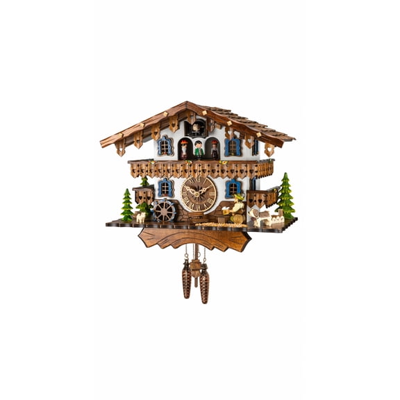 Quartz Cuckoo Clock Black Forest house with moving beer drinker and mill wheel, with music