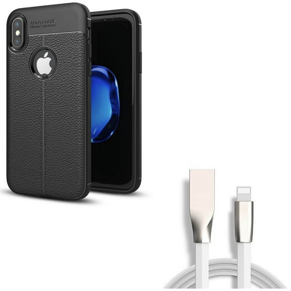 USB Cable w Case for iPhone XS/X - 6ft Flat Charger Cord Power Wire, PU Leather Slim Fit Cover Reinforced Bumper Shock Absorbent for iPhone XS/X