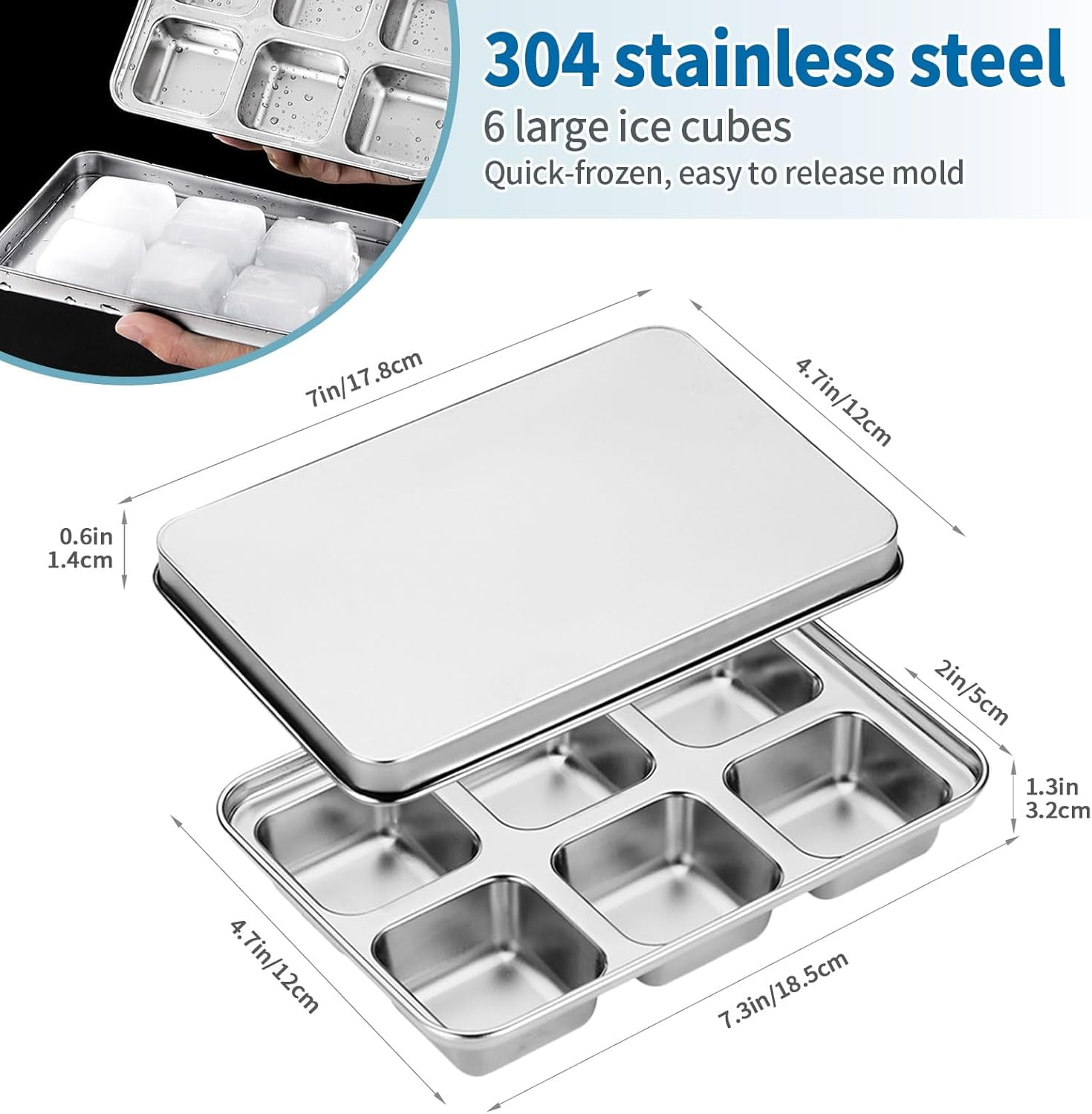 Stainless steel ice cube tray for quick ice retrieval, 6-compartment large ice cube maker, and baby food box - single (1)