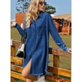 thumbnail image 6 of Women'S Vintage Washed Denim Loose Casual Long Sleeve Raw Edge Dress Dark Blue XL, 6 of 9