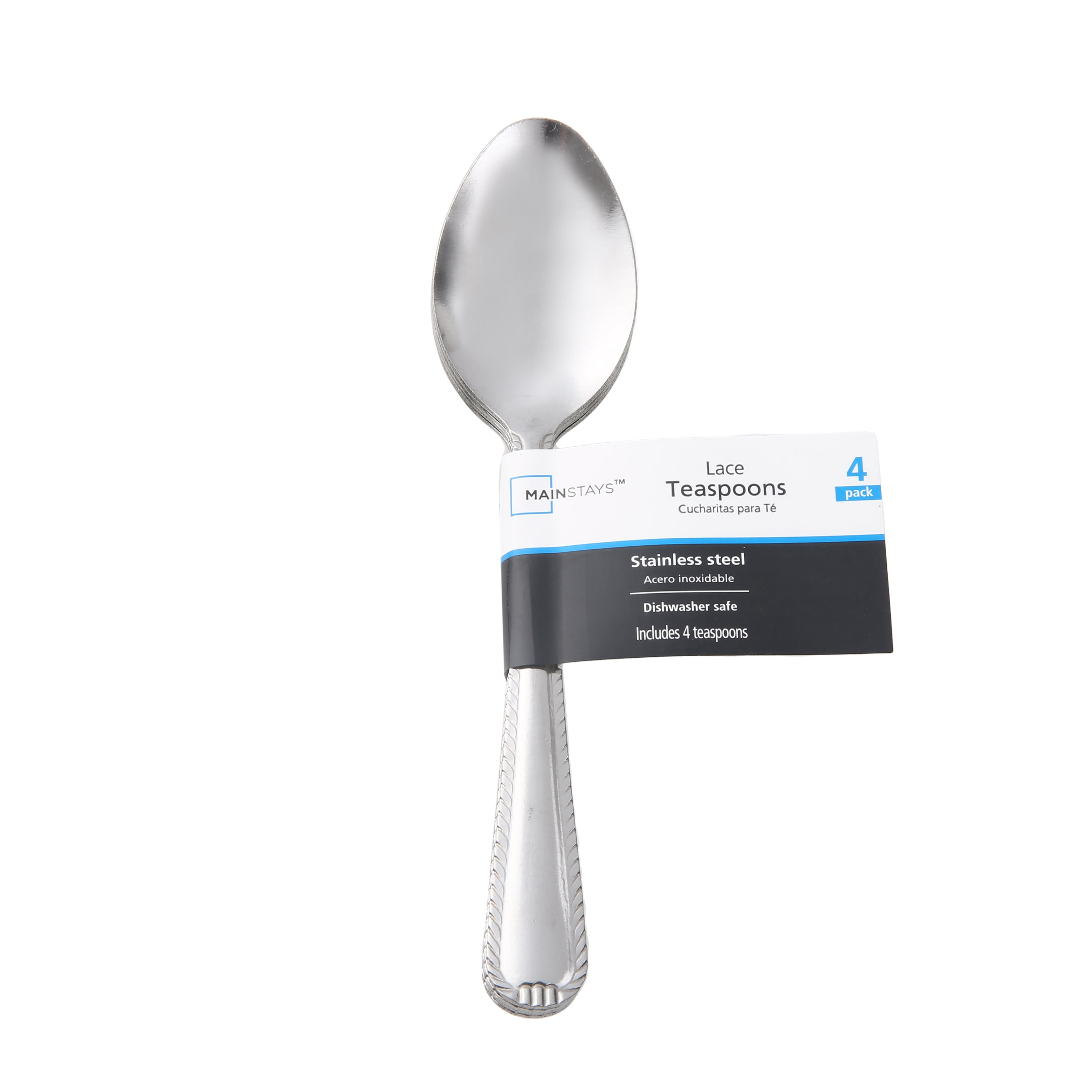 (6 pack) Mainstays Lace Stainless Steel Adult Teaspoon, 4-Piece Set, Silver