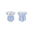 thumbnail image 2 of BemeyourBBs Baby Our First Mothers Day Outfit Newborn Baby Boy Girl Summer Clothes Plaid Bubble Romper Crew Neck Short Sleeve Plaid Print Letters Heart Embroidery Bodysuit Jumpsuit, 2 of 9