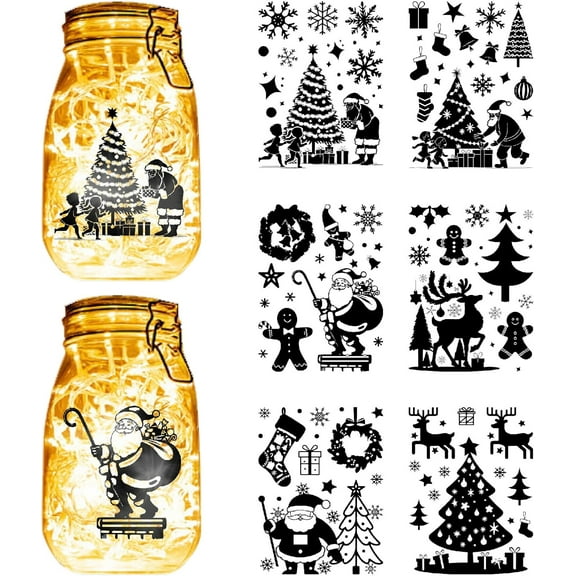 12 Sheets 6 Styles Christmas Mason Jar Decals Christmas Tree Stickers Die Cuts Silhouettes Self-Adhesive PVC Waterproof for Craft Scrapbook Lantern Jars Wall Windows Glass 7.8x5.9Inch