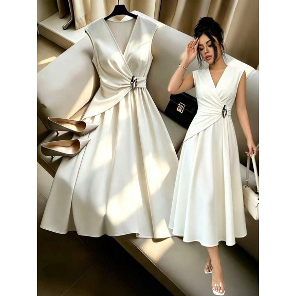 Apricot V-Neck Ruched Wrap Waist Cinched A-Line Sleeveless Elegant Midi Dress