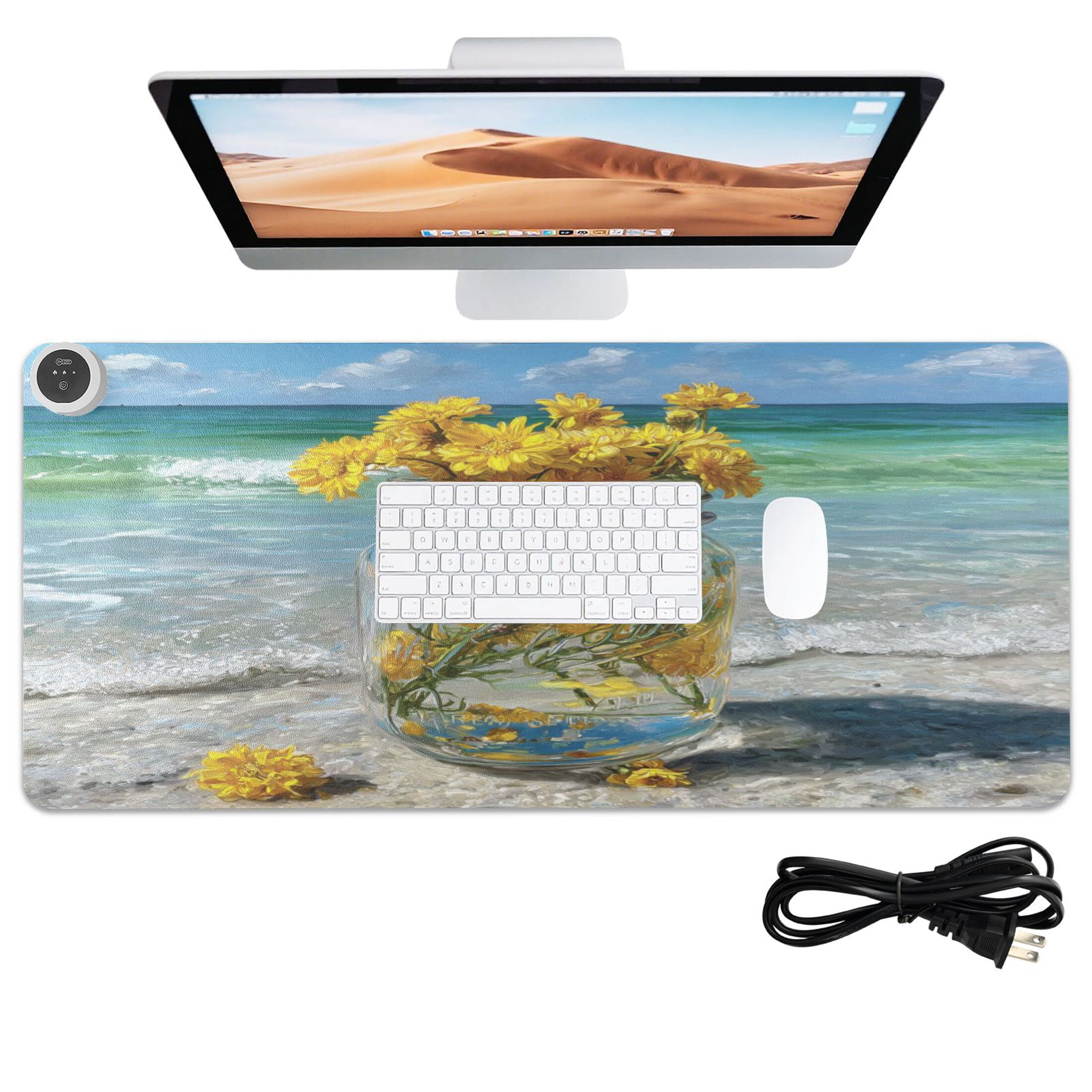 Large Heated Desk Mat Mouse Pad 31.5"x13"PU Leather Graphene Heating Desk Warmer with 3 Temperature Settings 110V US Plug Non-Slip Warm Pad for Home, Office, and Gaming Yellow Daisy Glass Jar