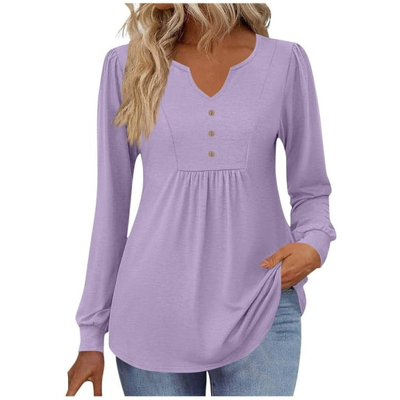 Women's Long Sleeve Shirts Pleated V Neck Casual Loose Button Blouses Solid Color Lightweight Fashion Fall Winter Pullover Tops