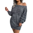 thumbnail image 2 of Liacowi Women Knit Mini Dress Contrast Color Lantern Long Sleeve Off-Shoulder Loose Sweater Dress Streetwear (without Belted), 2 of 7