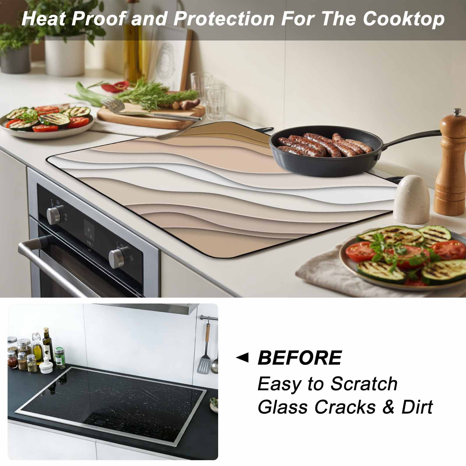 Beige Ombre Stove Top Cover for Electric Stove, Heat-proof & Non Slip Glass Top Stove Cover Protector, Modern Geometric Abstract Aesthetic Cream Kitchen Flat Cooktop Rubber Mat 24x21 Inches