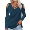 thumbnail image 2 of Black and Friday Clothing Sales Idoravan Long Sleeve Shirts for Women Winter Women's Solid Off Shoulder Fashion Long Sleeve Top Navy XXL, 2 of 4